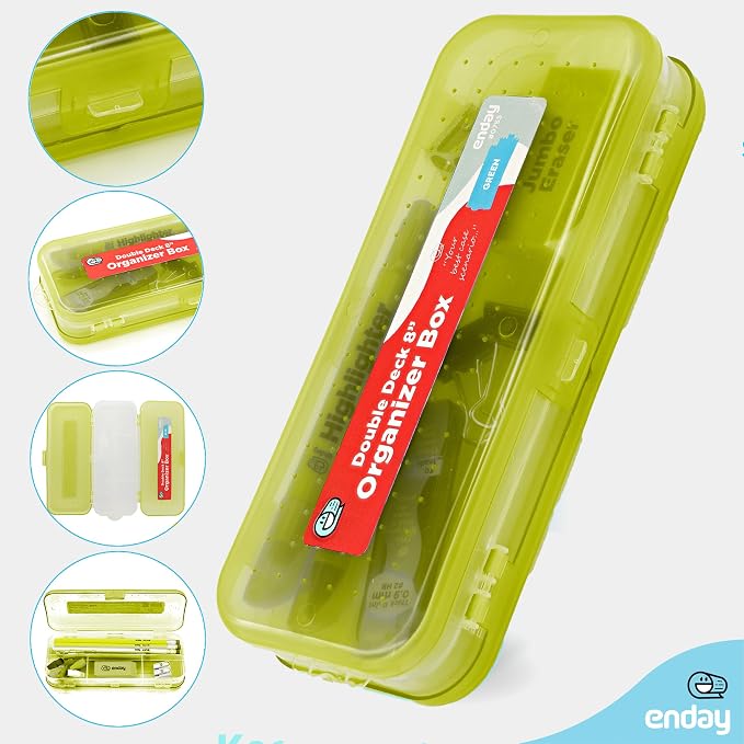 Enday Pencil Box Green, Plastic Double Deck Pencil Case with 7 Compartments, Box Organizer with Snap Closure for Home and Office