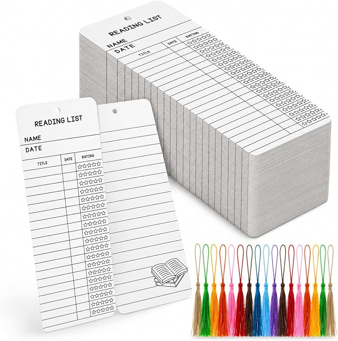 DSYIL 100 Sets Reading List Bookmarks with Tassels - 3x8 Library Card Book Marks Bulk, Cardstock Reading Log and Book Tracker for Book Lovers, Book Clubs & Back-to-School Supplies (White)