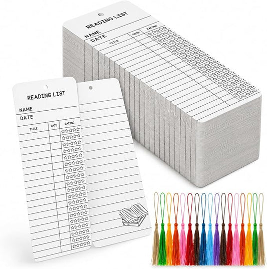 DSYIL 100 Sets Reading List Bookmarks with Tassels - 3x8 Library Card Book Marks Bulk, Cardstock Reading Log and Book Tracker for Book Lovers, Book Clubs & Back-to-School Supplies (White)