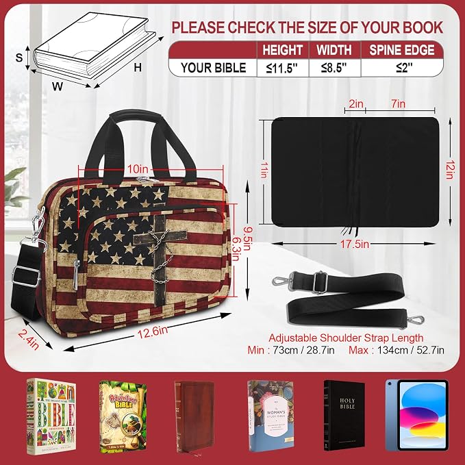 American Flag Cross Bible Cover Case for Women Men Boys,Large Bible Bag Book Carrying Case with Strap Handle Zipper Pocket,Bible Study Supplies Journaling Kit,Bible Organizer Holder Bag,Christian Gift
