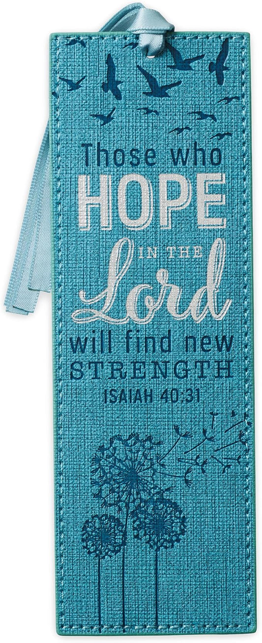 Christian Art Gifts Teal Faux Leather Bookmark | Hope In The Lord - Isaiah 40:31 Bible Verse Inspirational Bookmark for Women w/Satin Ribbon Tassel