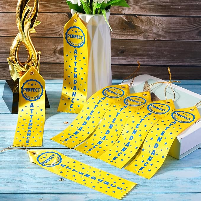 Taiyin 100 Pcs Award of Perfect Attendance Award Ribbons Prize Perfect Attendance Ribbon with Event Card and Rope for Kids Competition, Sports Event, Contests, School, Office Team