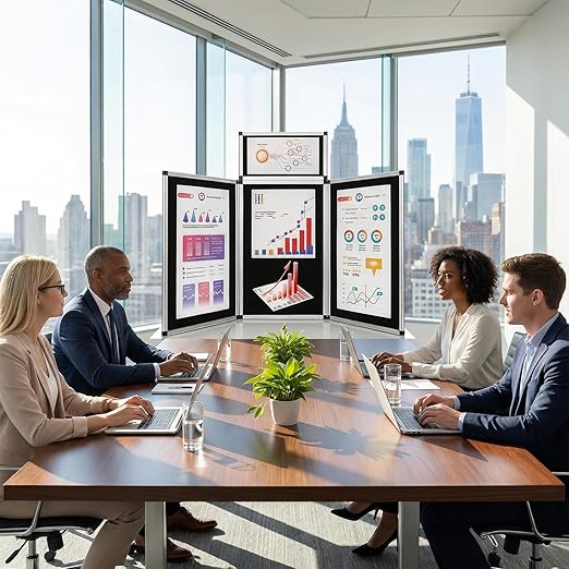 LITTLE TREE 3+1 Panel Trade Show Presentation Board, 70.8" x 35.4" Portable Panel Display, Folding 3 Panel Exhibition Boards Double Sided Tabletop Display Black Hook & Loop-Receptive Fabric with Bag