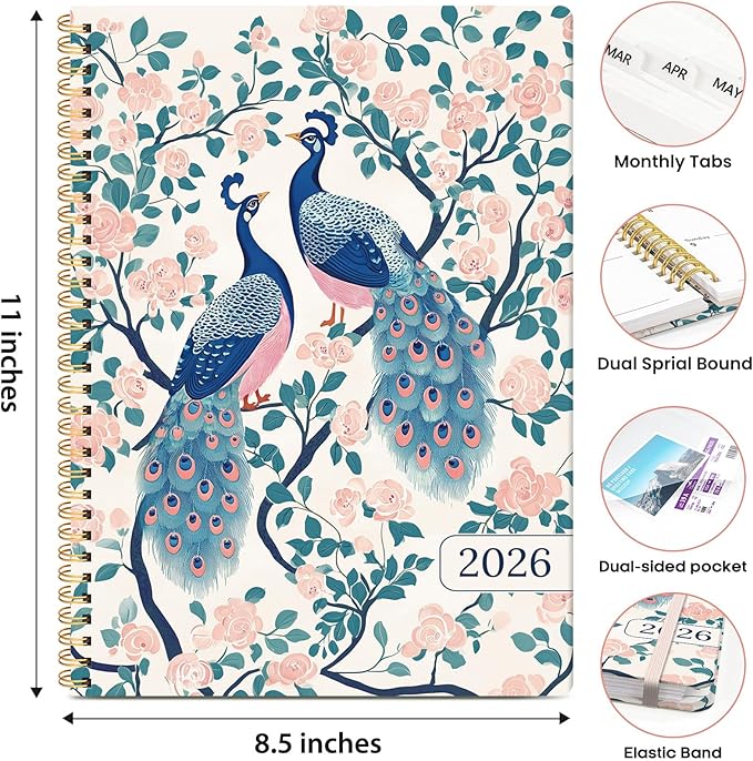 2026 Planner, Weekly and Monthly Calendar Planner Book, January 2026 - December 2026, Hardcover Spiral Planner with Monthly Tabs, Notes Pages, Perfect for Women & Men, A4 (8.5" x 11") - Peacock