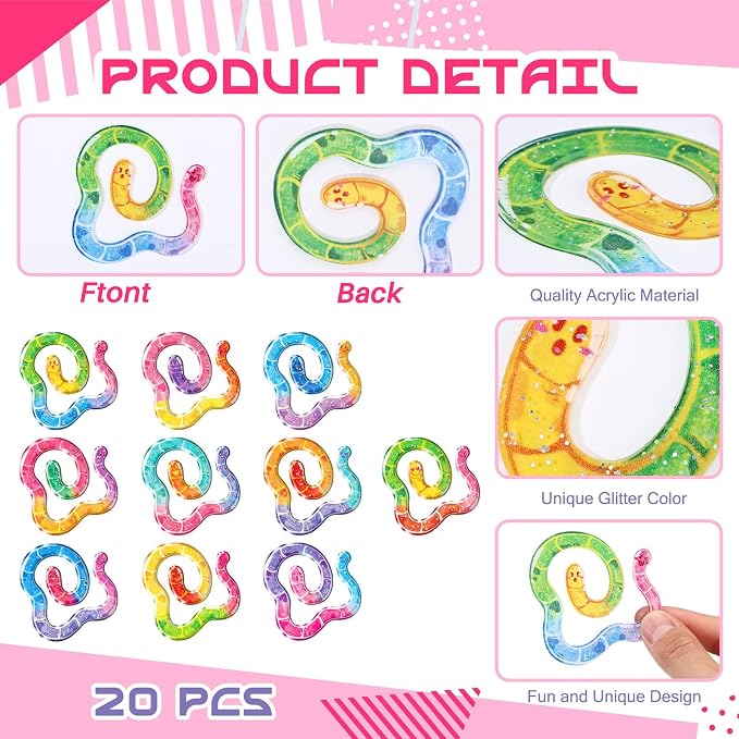 Resurhang 20 Pcs Worm Acrylic Bookmark 10 Design Cute Paperclip Glitter Gummy Worm Funny Bookmark Gift Idea for Reading Book Lover Teacher Student School Classroom Office Library Read Supply (Classic)
