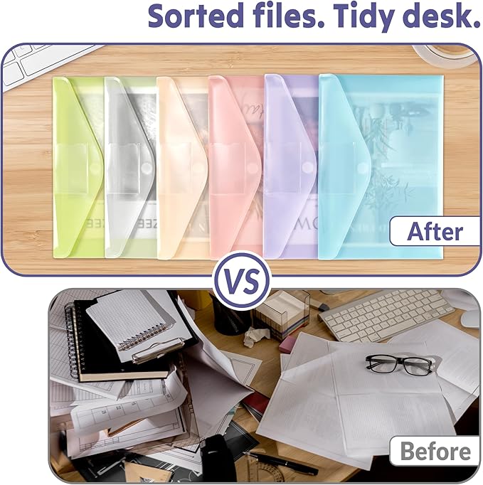 SUNEE 12 Pack Plastic Envelopes, Folders for Document for A4 Letter Size, Poly File Folders with Label Pockets for School Home Office Organizer Work Supplies, 6 Colors
