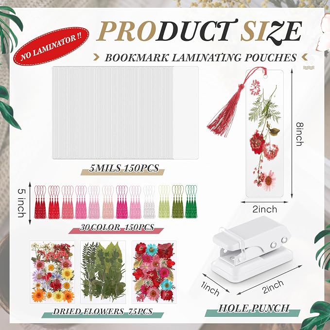 Fuyoooo 376 Pcs Dried Flower Bookmark Making Kit, DIY Bookmark Laminating Pouches with Tassels and Puncher, Handmade Craft Kit for Women, DIY Gifts for Book Lovers (Rainbow Color,2 x 8 Inch)