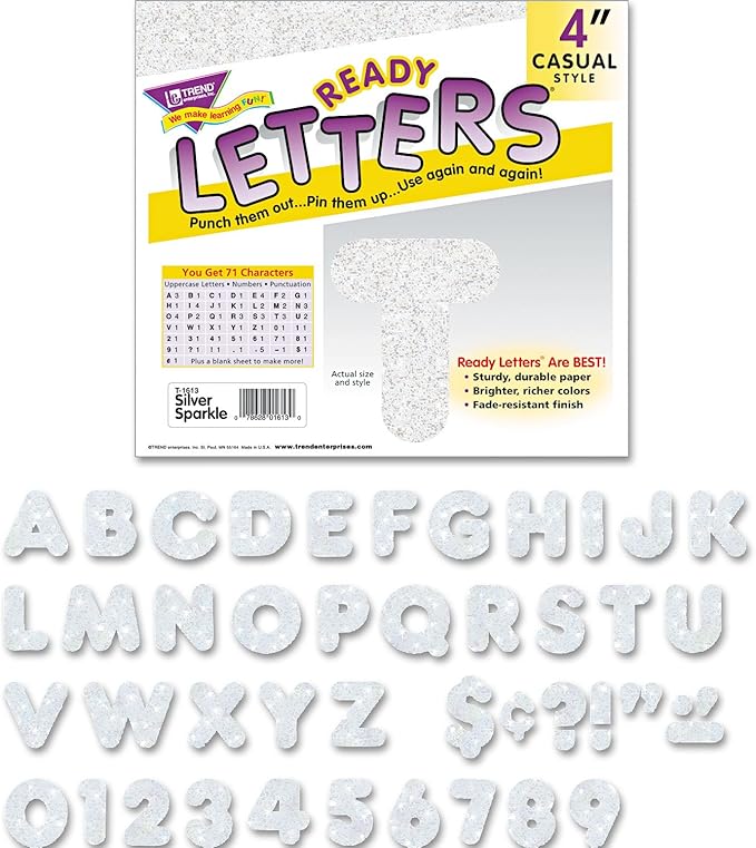 TREND ENTERPRISES Silver Sparkle 4" Casual UC Ready Letters, T-1613