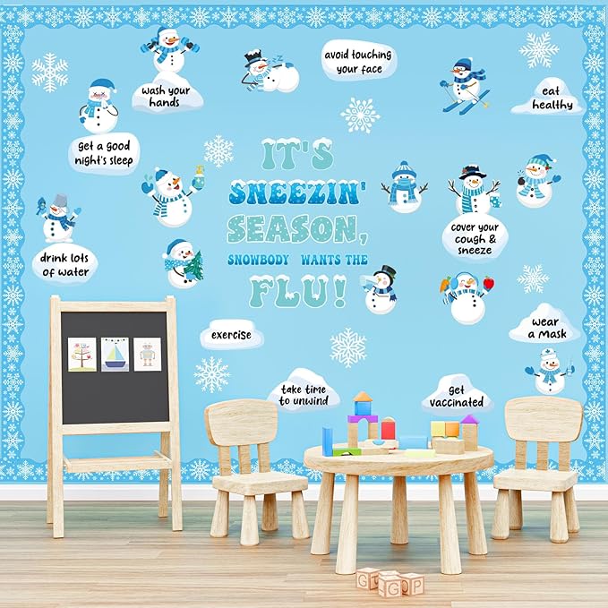 Winter Health Bulletin Board Set Snowman Flu Prevention Classroom Decor Sneezing Season Paper Cutouts for Door Wall Decor Christmas Winter Holiday Party Supplies