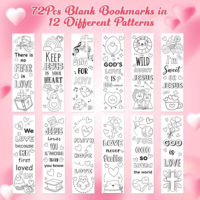 75Pcs Valentine Color Your Own Bookmarks for Kids Christian Theme DIY Coloring Blank Bookmark Classroom Art Craft Supplies for Teacher Student Valentine’s Day Party Reward Goodie Fillers Exchange Gift