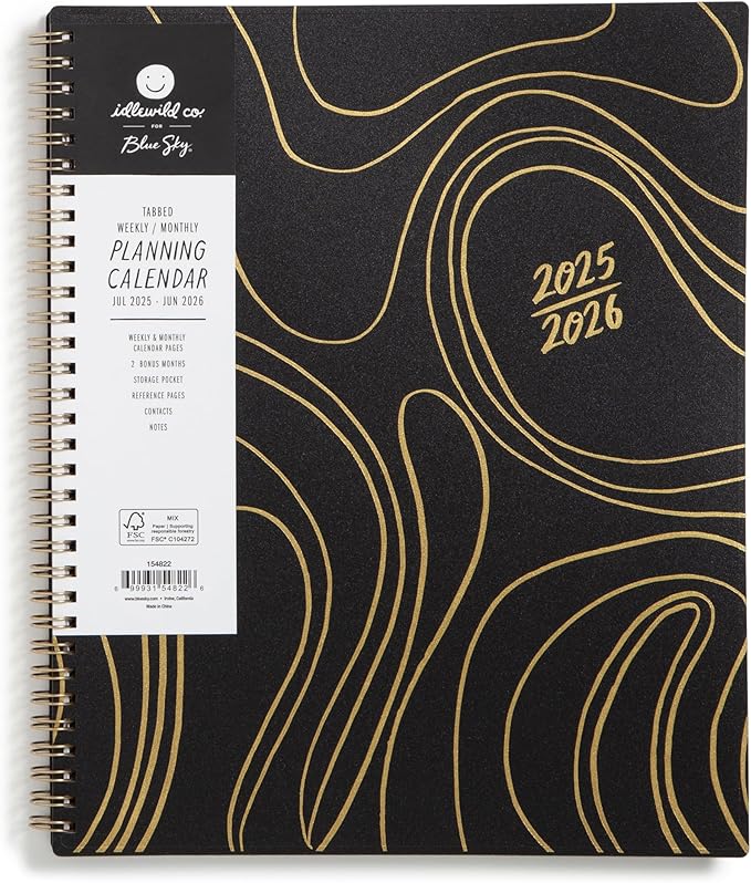 Blue Sky Idlewild 2025-2026 Weekly and Monthly Academic Year Planner Calendar, July 2025 - June 2026, 8.5" x 11", Flexible Cover, Wirebound, Laminated Tabs, Storage Pocket, Black Swirl