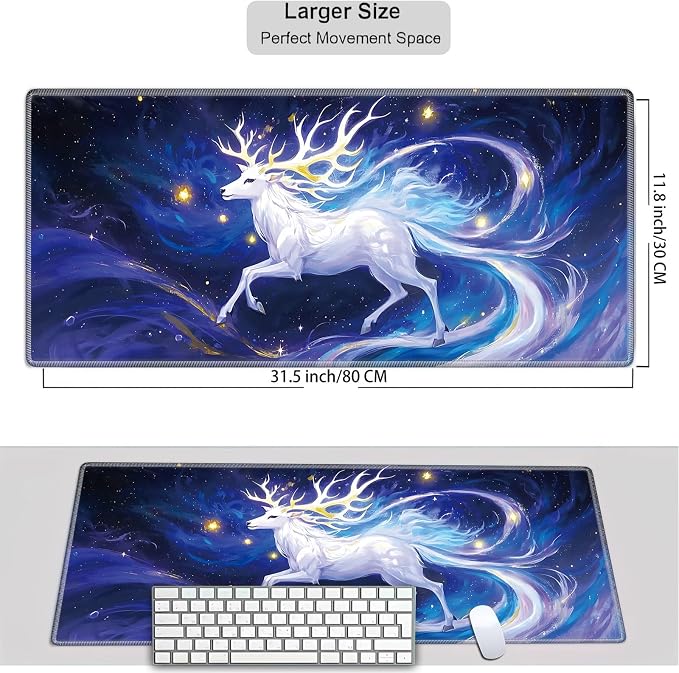 Mouse Pad Gaming Mousepad 31.5x11.8 Inch XXL Large + Coasters,Desk Mat with Stitched Edges, Non-Slip Rubber Base, Thick Mouse Pad for Computer, Laptop, Office & Home - Colorful Deer