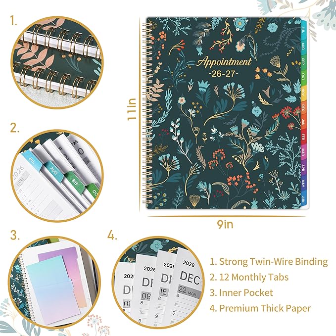 Appointment Book 2026-2027 - Daily Hourly Planner 2026-2027, July 2026 - June 2027, Weekly Appointment Book 26-27, Large Planners Weekly Monthly, 8.5" x 11", Planners with 30-Minute Interval - Green Floral