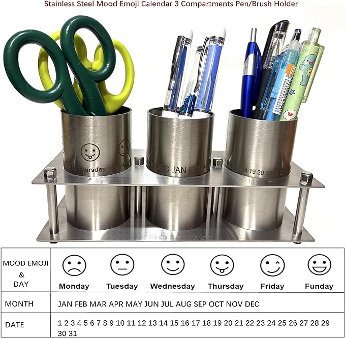 Stainless Steel Mood Emoji Calendar Desk Organizer, 3 Compartment Pen and Brush Holder with Days of Week and Date Calendar