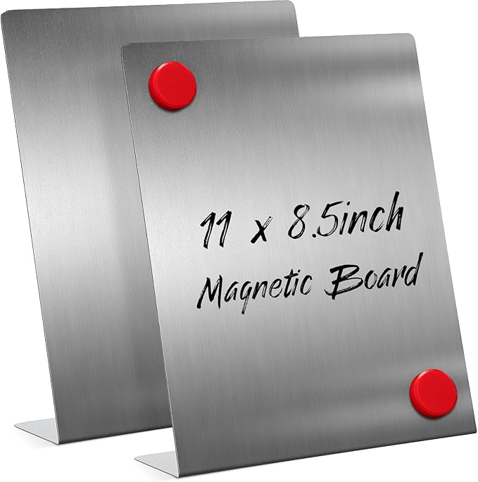 Fainne 2 Pcs Magnetic Bulletin Board with Easel Stand Mini Magnet Metal Tabletop Memo Display Board for Back to School Menu Table Office Supplies (Silver,11 x 8.5 Inches)