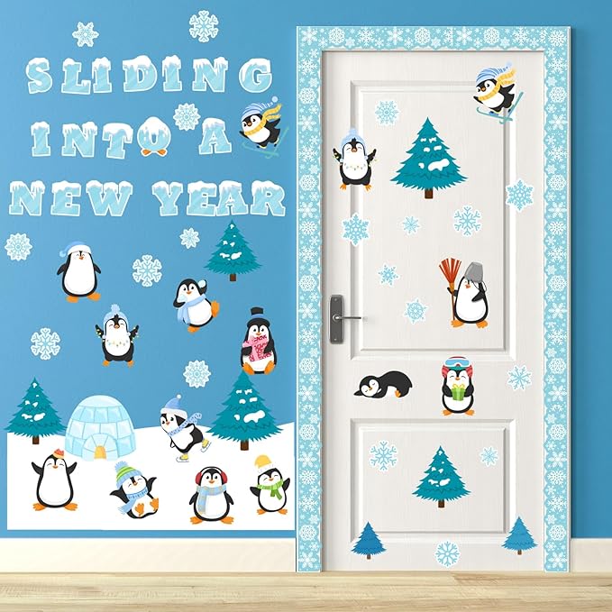 Winter Bulletin Board Set Snow Penguin Wonderland Classroom Decorations Winter Sliding Into A New Year Penguin Paper Cutouts for Holiday School Wall Decor