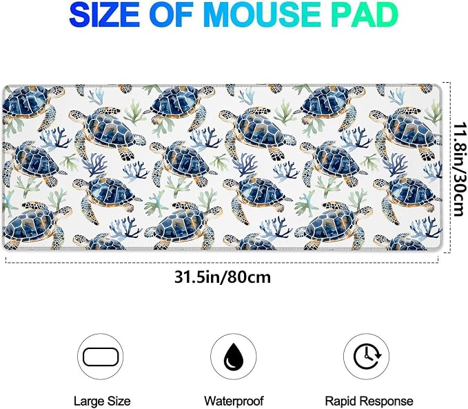 Cute Sea Turtle Gaming Mouse Pad, Extended Blue Turtles and Coral Desk Mat Computer Laptop Mousepad, Robust Stitched Edges, 31.5"×11.8" Large Office Keyboard Mouse Pads for Home Desktop Decor