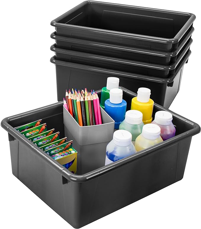 Storex Letter Size Deep Storage Tray – Organizer Bin for Classroom, Office and Home, Black, 5-Pack (62523U05C)