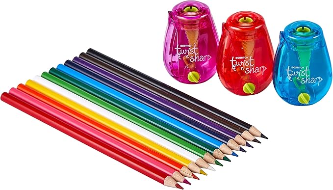 Bostitch Office Pencil Sharpener, Twist-N-Sharp, 3-Pack with 12 Colored Pencils for Kids Activities or Adult Coloring