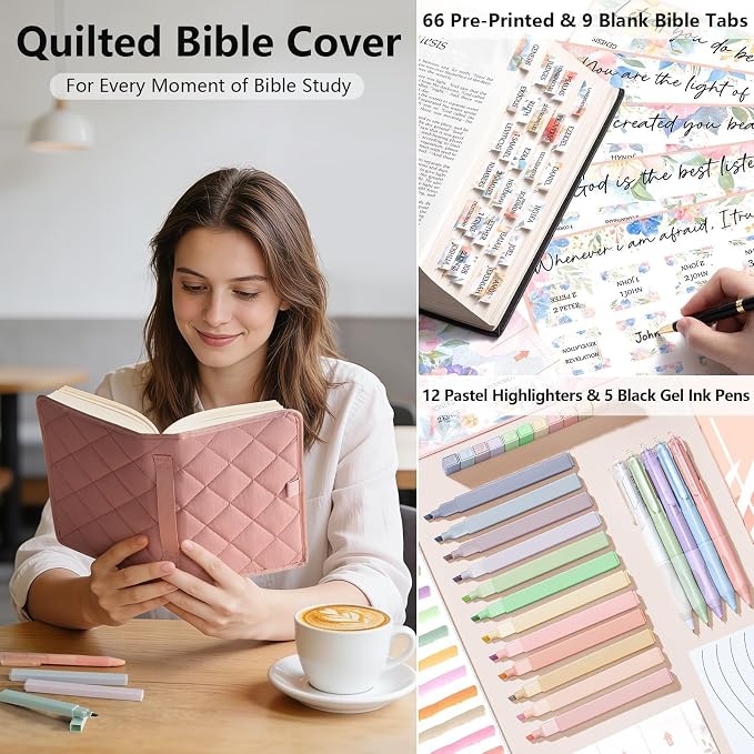 Large Bible Bag w/Bible Cover Case for Women, Puffer Bible Tote Bag Quilted Church Bag Carrying Case w/Shoulder Strap, Bible Study Supplies Journaling Kit Accessories Women Christian Mothers Day Gifts