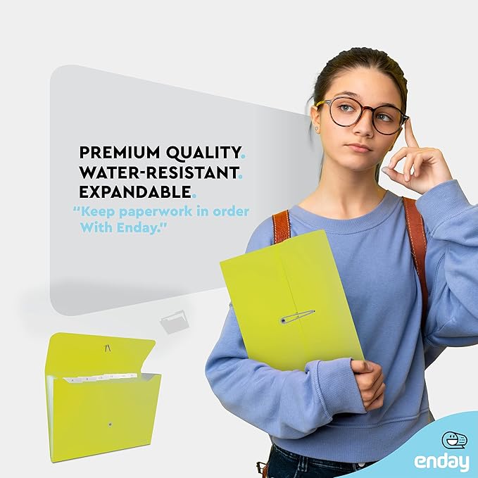 Accordion File Organizer Green, 7 Pocket Expanding File and Cover Folder with Labels, Plastic Portable Desktop Letter A4 Paper, Also Available in Red, Blue, Purple, Pink, Grey, 1 Pc – By Enday