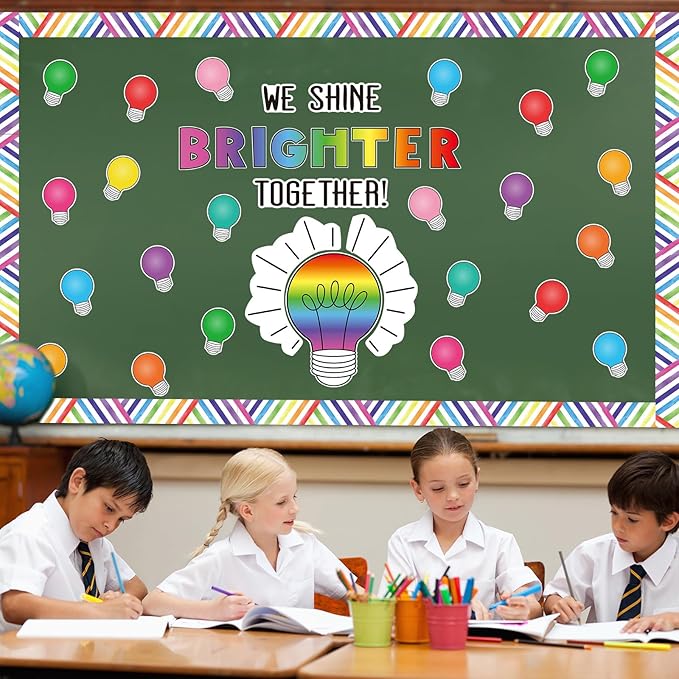 FYSUIMU 64Pcs Back to School Bulletin Board Kit Colorful Light Bulb We Shine Bright Together Paper Cutouts with 60Pcs Glue Points for First Day of School Party Classroom Wall Decor