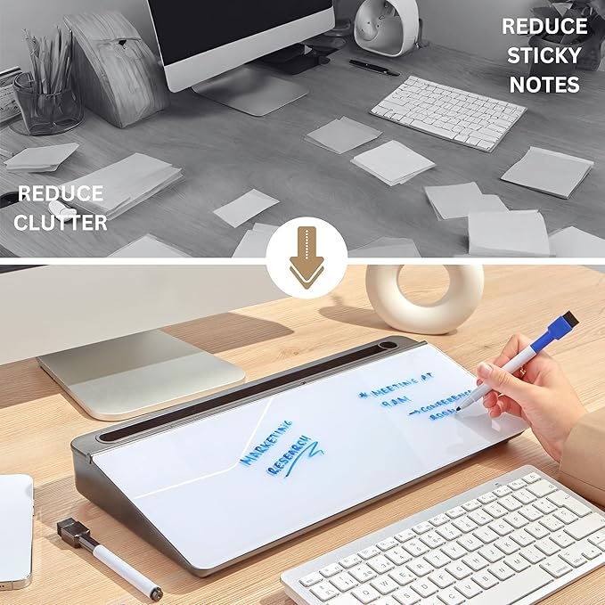 GAROOD Desktop Dry Erase Board with Storage (Black Base) Desk White Board Desk Board Glass Desktop White Board with Stand Home Office Organizer Phone Holder 15.8X7X2 inches