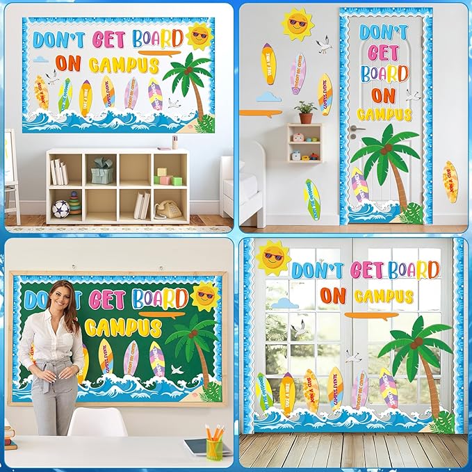 Summer Bulletin Board Set Summertime Classroom Decoration Don’t Get Board on Campus Bulletin Boards Hawaiian Theme Tropical Surfboard Beach Paper Cutouts for Summer School Home Chalkboard Wall Decor