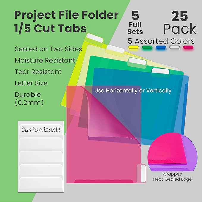 Better Office Products Poly Project Document Pockets, 25 Pack, 1/5 Cut Tabs, Plastic File Jacket Sleeves for Letter Size Paper, 5 Translucent Colors, 5 Full Sets of Tabbed Folders