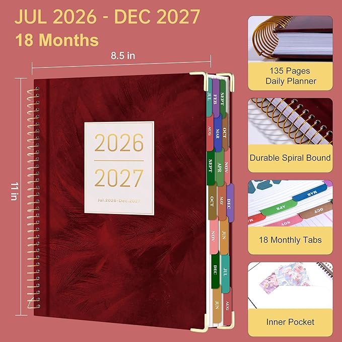 Yoment Planner 2026-2027 Weekly and Monthly 8.5"x11" Large Hardcover Planner from Jul 2026 - Dec 2027 18 Months Calendar Planners for Women Men Yearly Agenda Daily Weekly Planning with Tabs, Red