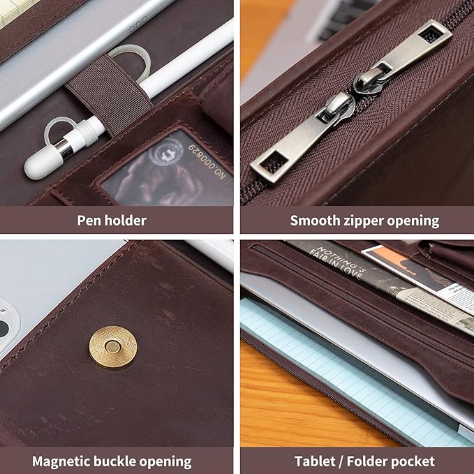 YIWEN Personalized Leather Portfolio, Zippered Padfolio Organizer Case, 8.5 x 11" Notepad Holder and 13" Tablet Folio, Professional Business Travel for Women and Men (Dark Brown, Crazy Horse Leather)