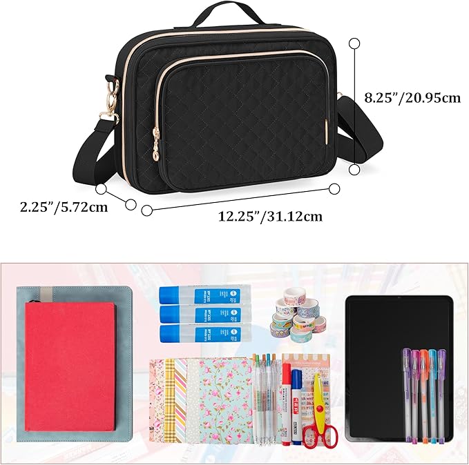 Teamoy Journal Supplies Storage Case, Journal Supplies Holder with Detachable Pen Slots, Travel Organizer Holder for B5 Notebooks, Planner, Pens, Journal Supplies and Accessories, Black Quilted