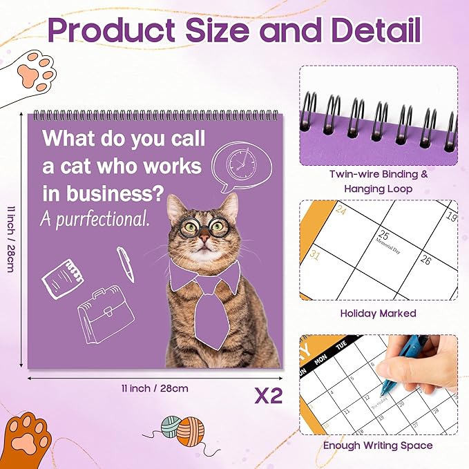 JAPBOR Funny Cat Joke Pun Calendar - 2PCS 2026 Cats Themed Wall Calendar, 12 Months Hanging Planner with Thick Paper, Animals Weekly Monthly Home Office Organizer for New Year Christmas Gifts (11" x 11")