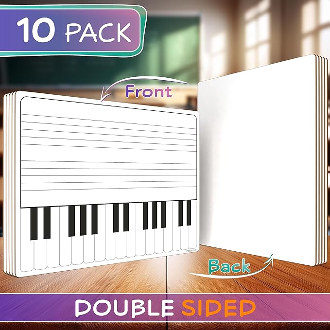 SCRIBBLEDO 10 Pack 11 x 14 Inch Piano Board Dry Erase White Boards Keyboard Double Sided Music Staff whiteboard for Kids Students, Musicians Music Class Supplies. (10 Erasers Included)