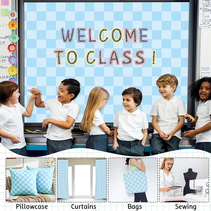 120x47 in Checkered Bulletin Board Fabric Pastel Bulletin Board Background Hippie Groovy Classroom Decoration for Back to School Home Office Wall Decor Party Supplies Pillows Curtains Crafts Blue