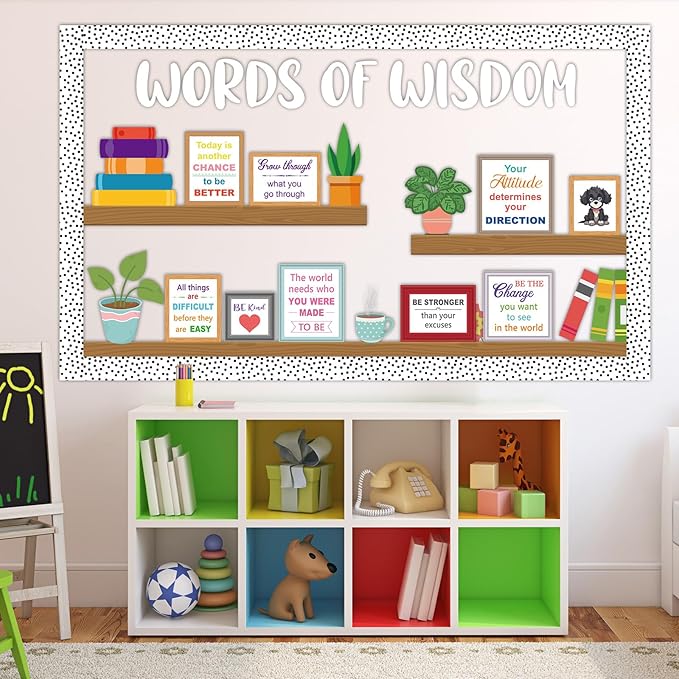 Motivational Bookshelf Bulletin Board Decorations Plant Classroom Colorful Inspirational Quote Paper Cutouts Words of Wisdom Bulletin Board Set for Back to School Chalkboard Wall Decor Supplies