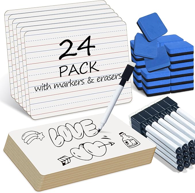 JUSTPAT 24 Pack Dry Erase Boards, 9"x12" Double Sided Easel Small Whiteboards with Lines for Kids, Students, Education Teacher Classroom, Mini Portable White Boards with 24 Markers, 24 Erasers