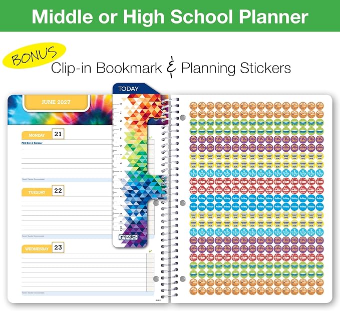 Global Datebooks 2026-2027 Middle & High School Student Planner 8.5" x 11" - Dated Weekly & Monthly Academic Planner with Ruler/Bookmark & Stickers, Ideal for Homework, Block Style, Kraft Doodles