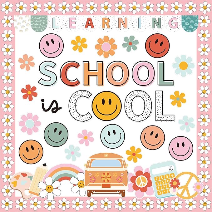 JarThenaAMCS 73 Pcs Retro Groovy Bulletin Board Decoration Set Boho Smile Flower Theme School is Cool Paper Cutouts with 200 Pcs Glue Points for Back to School Home Party Classroom Wall Door Decor