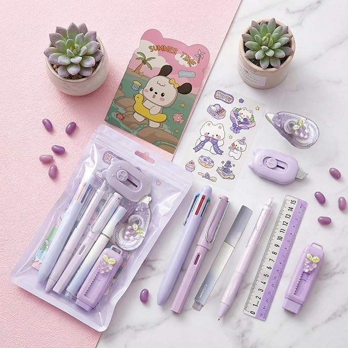 10 Pcs Cute Purple Kawaii Stationery Set - Cartoon Themed School Supplies Pack, Including Notebooks,Highlighters, Correction Tape, Ballpoint Pen. Suitable for Daily Study, Birthday and Party Favors.