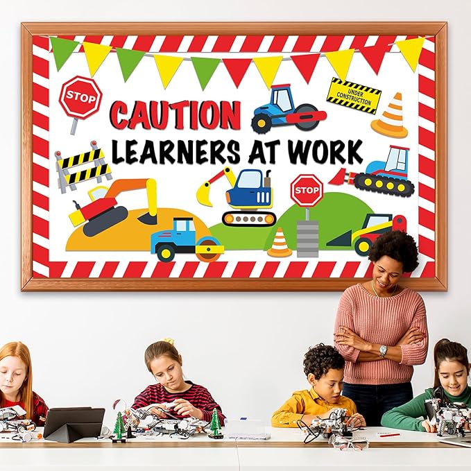 QOUBAI Construction Bulletin Board Set Traffic Themed Classroom Welcome Bulletin Board Decorations Workers Paper Cutouts Classroom Decorations for Back to School Office Home Chalkboard Decor Wall Door