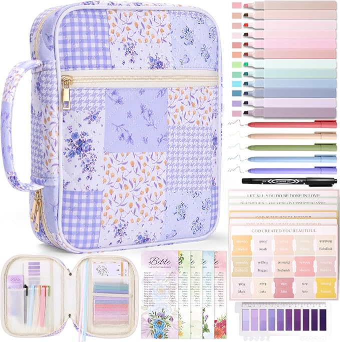 XKDOUS Bible Cover for Women Church Book Holder Quilted Carrying Case with Handle, Tabs, Study Supplies Portable Bible Bag Journaling Kit Christian Gifts for Mom Lady