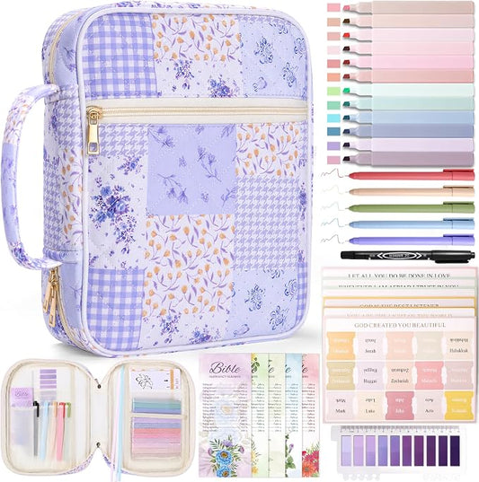 XKDOUS Bible Cover for Women Church Book Holder Quilted Carrying Case with Handle, Tabs, Study Supplies Portable Bible Bag Journaling Kit Christian Gifts for Mom Lady