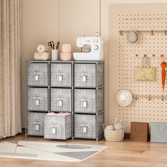 LUKYTOWER 9 Cube Closet Organizer with Beautiful Printed Drawers + Labels,Adjustable Modular Storage Shelf, Toy Cubby Organizer