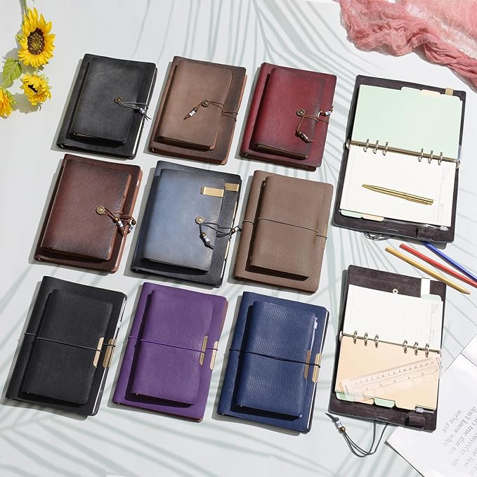 Wonderpool Leather Journal Lined Paper Notebook & Pen - Refillable 6 Ring Binder Writing Spiral Diary with Ruled Notepads Vintage Cover for Office Travel Work and Plan Agenda (A5, a-Mist blue)