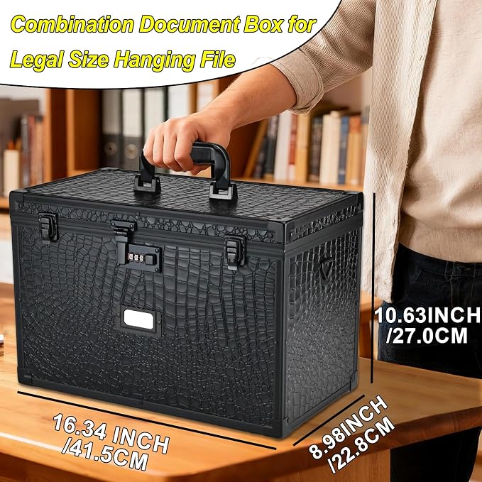 File Storage Cabinet File Organizer Document Organizer File Box in Office and Home with Combination Lock with 20 Legal Size Hanging Files (Aligator Black)