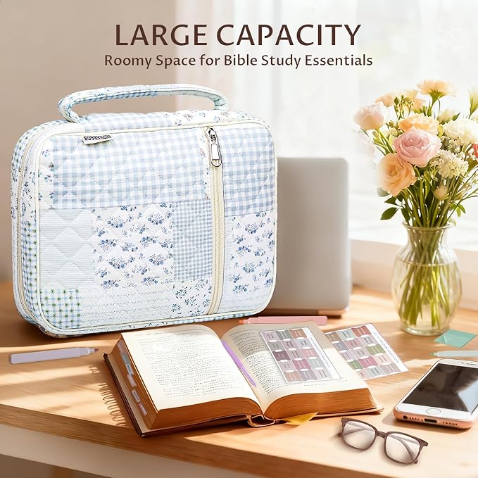 Quilted Bible Cover Case for Women with Bible Study Supplies Journaling Kit Floral Bible Bag Carrying Case with Pastel Highlighters Tabs, Women Christmas Christian Gifts (Green Blue Pin, L)