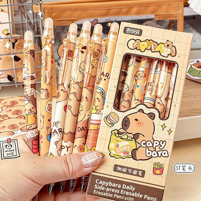 12 Pcs Capybara Pens, Cute Erasable Retractable Pen Erasable Gel Ink Cartoon 0.5mm Fine Point Blue Ink Pen Cartoon Writing Pen (12-pack capybara pens)