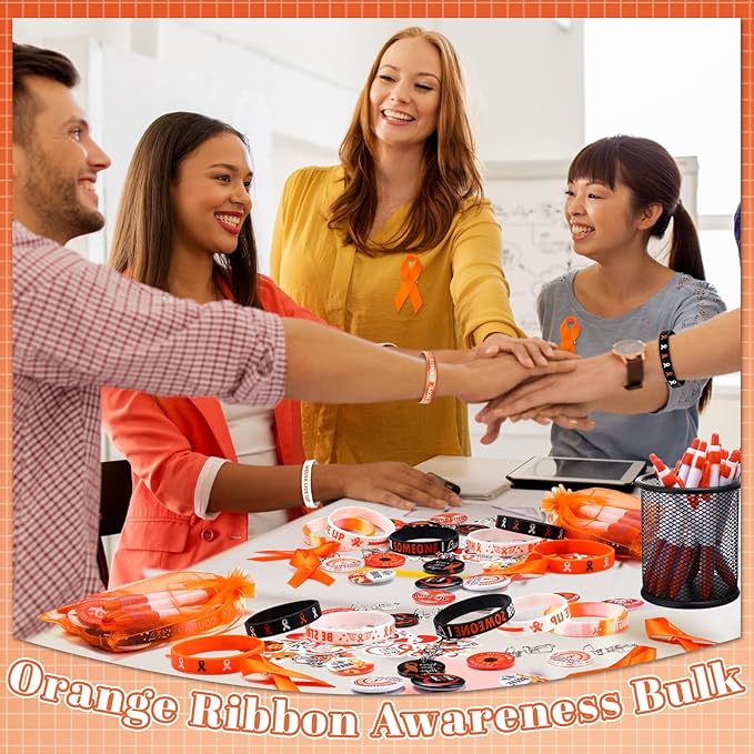 122 Pcs Ribbons Awareness Accessories Includes Ribbons Bracelets Stickers Pins Pens Keychain for School Charity Fundraiser Public Activities Supplies(Orange Ribbon,Orange)
