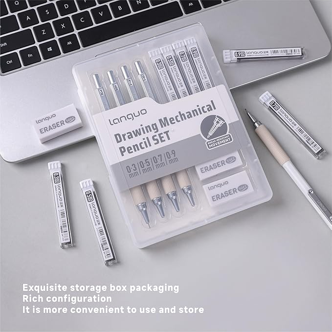 languo Mechanical Pencil Set with Case, 4PCS Drafting Pencils 0.3mm 0.5mm 0.7mm 0.9mm – 4 Tubes HB & 2B Lead Refills, 3 Erasers, Mechanical Pencil Kit for Writing & Drawing